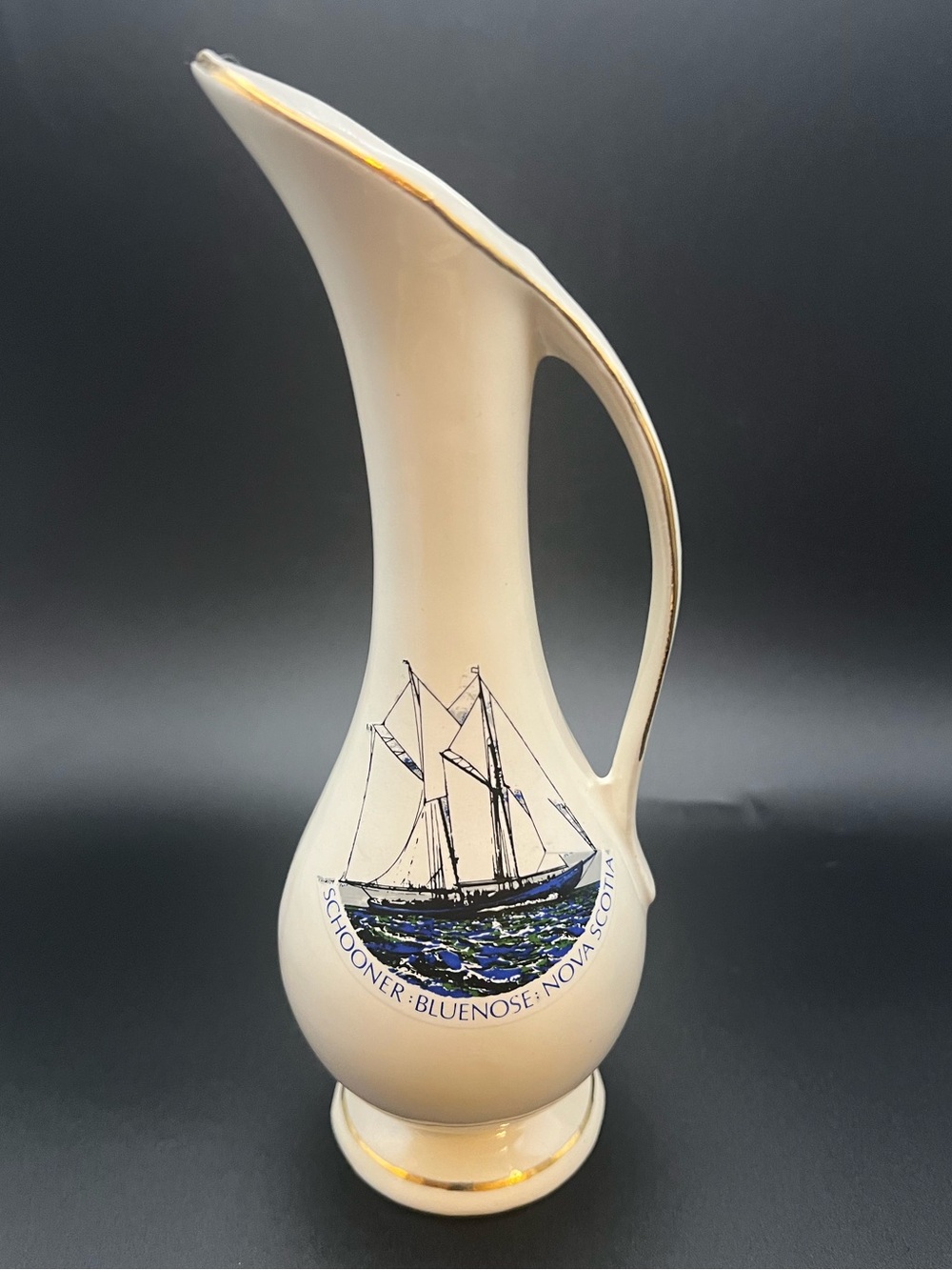 ⚓️ Vintage Bluenose Schooner Nova Scotia Ceramic Pitcher Vase 22K GOLD TRIM